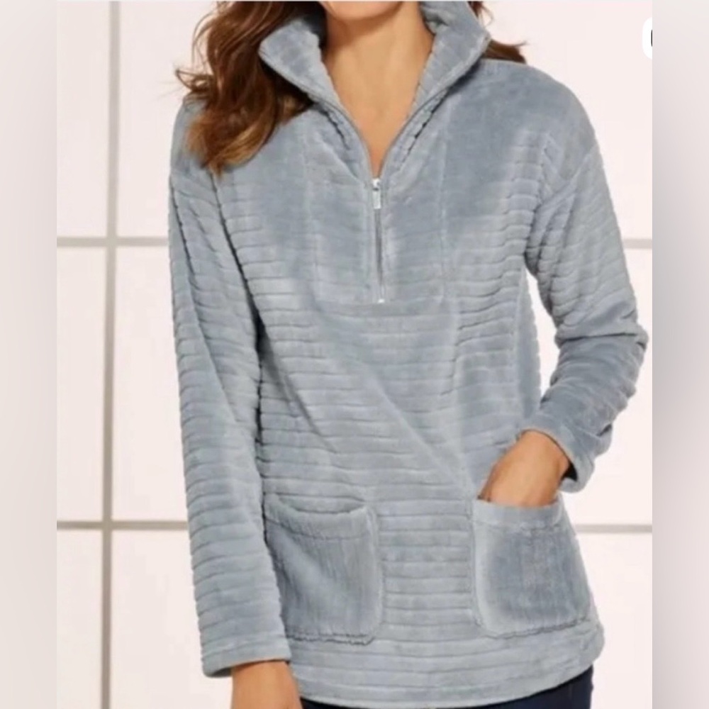 SOFT SURROUNDINGS‎ Frost Plush Ribbed Tunic Half Zip Blue 1X Plush Cozy
